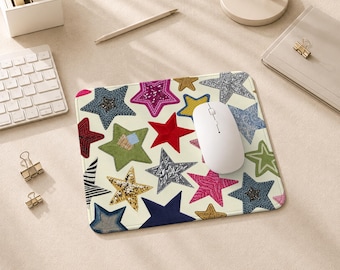 Muismat met patchwork sterren en gestikte randen, gepersonaliseerde bureauonderlegger, schrijfmat voor kinderen, gepersonaliseerd bureauaccessoire, antislip bureauonderlegger voor op het werk