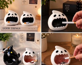 Funny Open-Mouth Ghost Ashtray, Halloween Decor & Funny Gothic Desk Accessory Gift