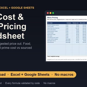 Op de afbeelding: Een digitaal spreadsheet-sjabloon voor voedselkosten en menuprijzen, compatibel met Excel en Google Sheets. De interface toont een tabel met kolommen voor menu-items, categorieën, receptkosten en prijsbenchmarks op een donkere achtergrond.