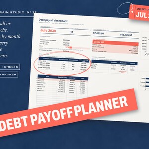 Peut inclure: Un planificateur numérique de remboursement de dettes avec un tableau de bord, des graphiques de progression mensuelle et des tableaux financiers. Le document contient le texte Tidy Brain Studio, Debt payoff dashboard et Debt Payoff Planner.