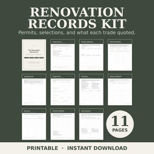 Puede incluir: Un kit de registros de renovación con 11 páginas imprimibles sobre un fondo verde oscuro. El conjunto incluye una portada, directorio de proyectos, permisos e inspecciones, cronograma de selecciones, registro de conversaciones y formularios.