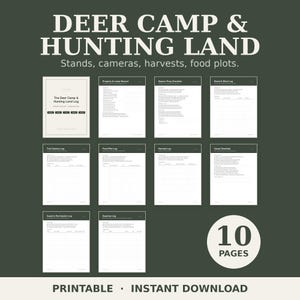 Könnte beinhalten: Ein druckbares 10-seitiges Logbuch für Jagdcamp und Jagdrevier mit einem Deckblatt und verschiedenen Tracking-Seiten, darunter Eigentums- und Pachtverzeichnisse, Saison-Checklisten, Hochsitz-Protokolle, Wildkamera-Logs und Ernteprotokolle.