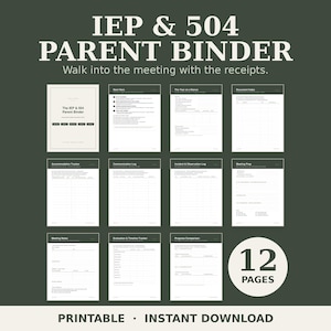 Könnte beinhalten: Ein druckbares IEP und 504 Elternordner-Set mit 12 Seiten an Organisationsformularen. Der dunkelgrüne Hintergrund zeigt ein Deckblatt, ein Dokumentenverzeichnis, ein Kommunikationsprotokoll und verschiedene Tracker mit weißem Text.