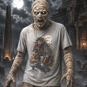 Könnte beinhalten: Ein graues, meliertes Kurzarm-T-Shirt mit einem Grafikdruck eines knurrenden Werwolfs, der unter einem Vollmond kauert. Die Kreatur hat dunkles Fell, scharfe Krallen und leuchtende Augen, wobei ein dunkler Schatten unter ihr auf den Stoff geworfen wird.