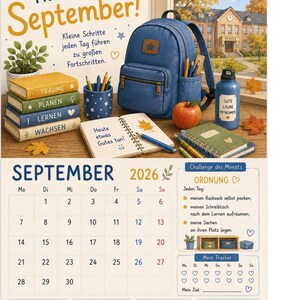 May include: A September 2026 wall calendar featuring a school-themed illustration with a blue backpack, stacked books labeled Träume, Planen, Lernen, and Wachsen, a pencil holder, an apple, and a water bottle. The calendar includes a monthly grid, a habit tracker, and German text including Hallo September and Ordnung.