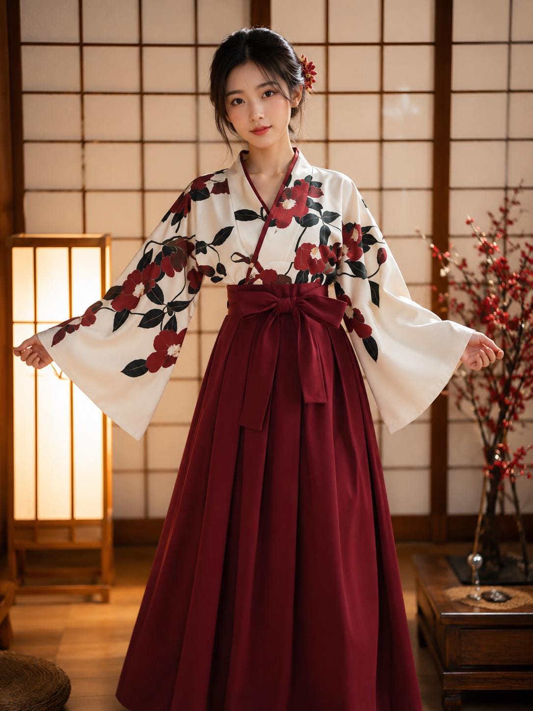 Japanese Hakama Dress Set, Floral Kimono Outfit, Traditional Japanese Clothing, Anime Cosplay Costume, Elegant Festival Wear - Gift For Her