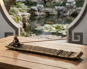 Porta incienso de pescador japonés – Quemador de incienso zen de metal bronce antiguo | Decoración japonesa para el hogar | Meditación | Regalo para ella | Aroma para el hogar