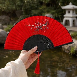 Red Japanese Folding Fan | Cherry Blossom Hand Fan | Silk Dance Fan | Oriental Bamboo Fan | Wedding Party Decor | Cosplay Accessory Gift