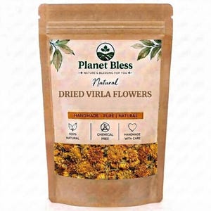 May include: A brown stand-up pouch containing dried yellow-orange Virla flowers. The label features the text Planet Bless, Natural DRIED VIRLA FLOWERS, HANDMADE | PURE | NATURAL, 100% NATURAL, CHEMICAL FREE, and HANDMADE WITH CARE with leaf graphics.