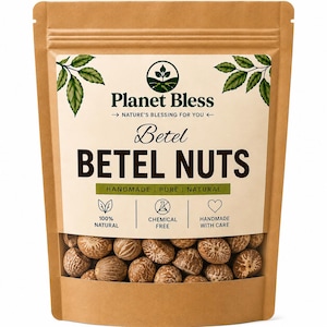 May include: A brown paper stand-up pouch containing betel nuts. The label features the text Planet Bless, Betel Betel Nuts, and icons for 100% natural, chemical free, and handmade with care. The pouch has a clear window showing the brown nuts.