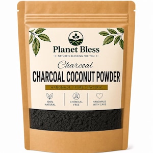 May include: A brown stand-up pouch containing black charcoal coconut powder. The label features the text Planet Bless, Charcoal Coconut Powder, and icons for 100% natural, chemical free, and handmade with care, with green leaf illustrations.