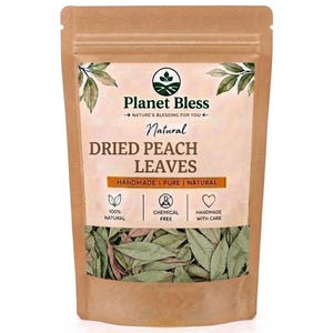 May include: A brown paper pouch containing dried peach leaves. The label features the text Planet Bless, Natural DRIED PEACH LEAVES, HANDMADE | PURE | NATURAL, and icons for natural, chemical free, and handmade with care, with green leaf illustrations.