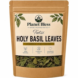 May include: A brown kraft paper stand-up pouch containing dried Tulsi Holy Basil leaves. The label features the text Planet Bless, Nature's Blessing For You, Tulsi Holy Basil Leaves, Handmade, Pure, Natural, 100% Natural, Chemical Free, and Handmade With Care.