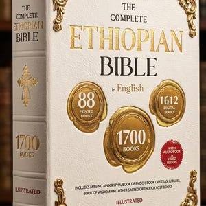 May include: A white hardcover book titled The Complete Ethiopian Bible in English. The cover features gold embossed text, ornate corner filigree, and three gold wax-style seals displaying 88 printed books, 1612 digital books, and 1700 books total.