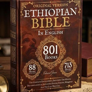 May include: A brown hardcover book titled Ethiopian Bible In English, Original Version. The cover features gold text, an illustration of a face, and the numbers 801 Books, 88 Books, and 713 Books. It includes the subtitle The Complete Encyclopedia, Including The Missing Deuterocanonical Apocrypha Enoch, Jubilees, Meqabyan And The Lost Writings.