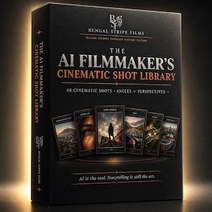 May include: A black box titled The AI Filmmaker's Cinematic Shot Library by Bengal Stripe Films. The front features text reading 48 Cinematic Shots, Angles, Perspectives and AI is the tool. Storytelling is still the art, with six image cards.