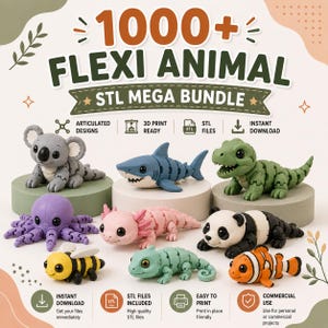 Puede incluir: Un gráfico digital que muestra el texto 1000+ FLEXI ANIMAL STL MEGA BUNDLE con nueve figuras de animales articuladas impresas en 3D, incluyendo un koala gris, tiburón azul, dinosaurio verde, pulpo morado, ajolote rosa, panda, abeja, lagarto y pez payaso.