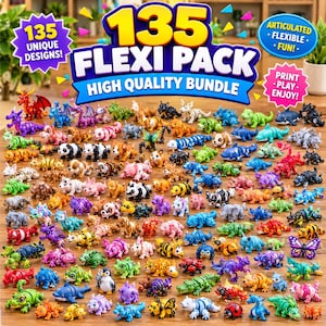 May include: A collection of 135 articulated, flexible plastic animal figures in various colours and designs. The display includes a large sign reading 135 FLEXI PACK HIGH QUALITY BUNDLE, with smaller signs stating 135 UNIQUE DESIGNS and ARTICULATED FLEXIBLE FUN.