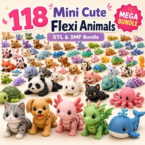 Op de afbeelding: Een digitale collectie van 118 mini flexi dierenfiguurtjes in diverse kleuren en soorten. De afbeelding bevat de tekst 118 Mini Cute Flexi Animals, Mega Bundle en STL & 3MF Bundle. Dit beweegbare speelgoed omvat katten, honden, panda's en zeedieren.