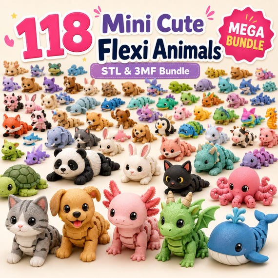 118+ Flexi Animals STL Bundle | Articulated Animal 3D Print Files | STL & 3MF Models | Mini Flexi Toys | Print in Place Digital Download