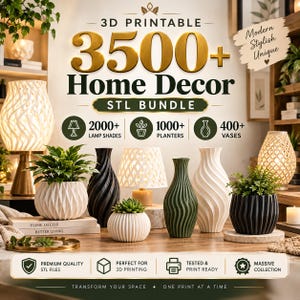 Pode incluir: Uma coleção digital de mais de 3500 arquivos STL para impressão 3D de decoração, incluindo 2000+ cúpulas de lâmpadas, 1000+ vasos de plantas e 400+ vasos. A imagem exibe vários vasos e cúpulas texturizados em branco, preto e verde.