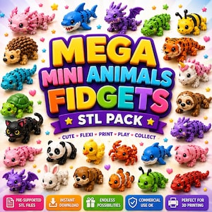 May include: A collection of articulated mini animal figures including a pink axolotl, blue shark, purple dragon, green crocodile, bee, hedgehog, turtle, black cat, panda, duck, crab, clownfish, rabbit, dog, and tiger with the text MEGA MINI ANIMALS FIDGETS STL PACK.