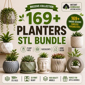 May include: A digital collection of 169+ planters in an STL bundle for 3D printing. The image displays various decorative plant pots, including geometric, spiral, and Buddha-shaped designs, each containing small green plants and succulents.