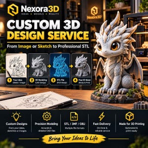 May include: A custom 3D design service advertisement featuring a grey dragon figurine. Text includes Nexora3D, CUSTOM 3D DESIGN SERVICE, From Image or Sketch to Professional STL, and a four-step process diagram showing a sketch, model, and file.