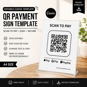 May include: A vertical A4 size acrylic sign holder displaying a white card with the black text SCAN TO PAY, a large QR code, and icons for Apple Pay, Google Pay, and PayPal. The bottom includes a placeholder for a website address.
