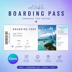 Op de afbeelding: Een bewerkbaar instapkaart-sjabloon voor een verrassingsreis met de tekst Boarding Pass, Name Trevor P, Date 19/11/2026, From LS Los Santos, To VC Vice City, en een afbeelding van een tropische stadsskyline en turquoise water.