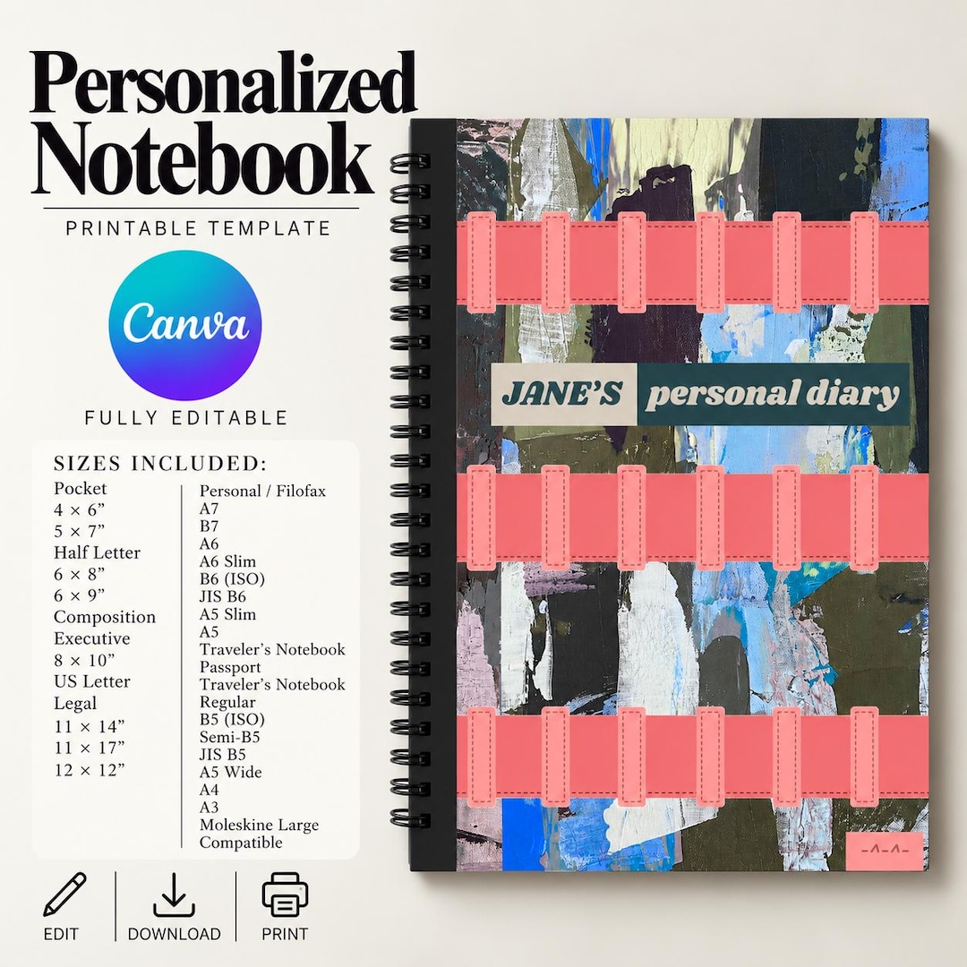 Notebook Header Style Design Personalized Notebook Cover, Notepad Spiral Binder Printable Cover ...