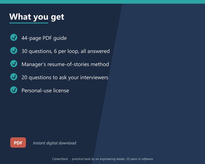 May include: A dark blue digital product graphic titled What you get, listing a 44-page PDF guide, 30 answered questions, a manager's resume-of-stories method, 20 questions for interviewers, and a personal-use licence, with a PDF instant download icon.