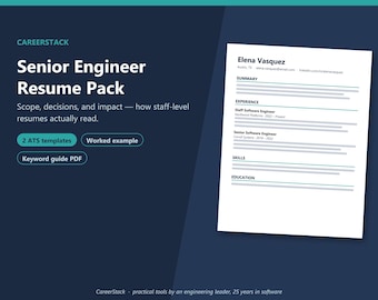Plantilla de currículum para ingeniero de software senior compatible con ATS (Word) / Paquete de currículum para ingeniero de plantilla + carta de presentación + guía de palabras clave ATS (PDF)