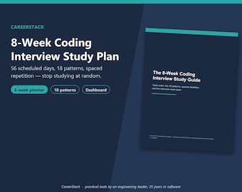 Plan de estudio para entrevistas de programación / Planificador de preparación para LeetCode de 8 semanas en Excel + Guía de estudio en PDF / Plantilla de seguimiento de preparación para entrevistas de ingeniero de software