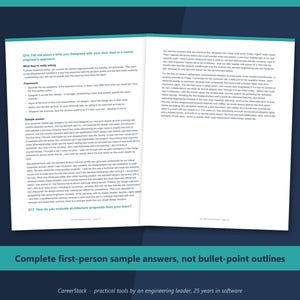 May include: An open book displaying two pages of text with teal headers. The left page features Q18, "Tell me about a time you disagreed with your tech lead," and the right page contains a detailed sample answer. The bottom text reads, "Complete first-person sample answers, not bullet-point outlines" and "CareerStack - practical tools by an engineering leader, 25 years in software."