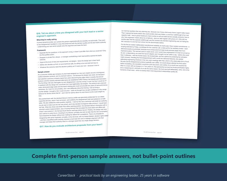 May include: An open book displaying two pages of text with teal headers. The left page features Q18, "Tell me about a time you disagreed with your tech lead," and the right page contains a detailed sample answer. The bottom text reads, "Complete first-person sample answers, not bullet-point outlines" and "CareerStack - practical tools by an engineering leader, 25 years in software."