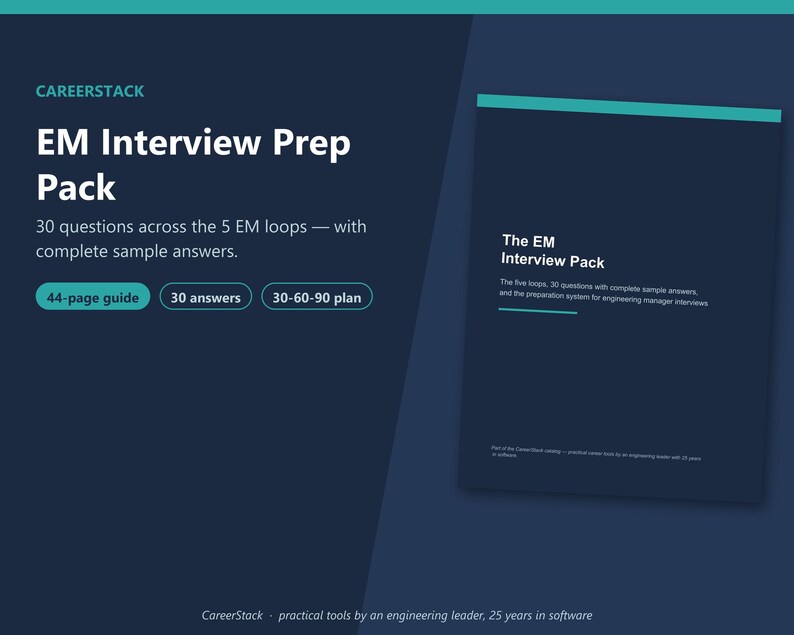 May include: A dark blue digital guide titled CareerStack EM Interview Prep Pack. It features 30 questions across 5 EM loops, 30 sample answers, a 44-page guide, and a 30-60-90 plan. The document includes text about engineering manager interview preparation.