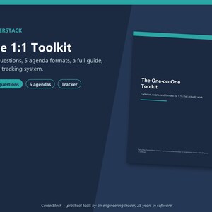 May include: The CareerStack 1:1 Toolkit digital product display features a dark blue background with white text. It includes 150 questions, 5 agenda formats, a guide, and a tracking system. A document cover shows the title The One-on-One Toolkit.