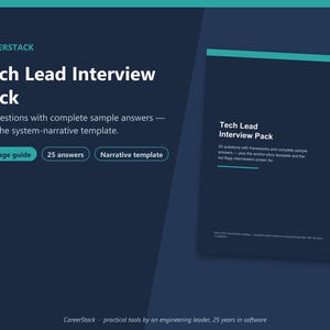 Könnte beinhalten: Ein dunkelblauer digitaler Leitfaden mit dem Titel CareerStack Tech Lead Interview Pack, der 25 Fragen mit Beispielantworten und eine System-Narrativ-Vorlage enthält. Das Dokument umfasst einen 35-seitigen Leitfaden, 25 Antworten und eine Vorlage.