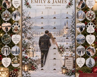 May include: A rectangular advent calendar featuring a snowy wedding scene with the text Emily & James From I Do To Christmas 2026. The calendar has 24 numbered drawers and is surrounded by various circular and heart-shaped photo ornaments.