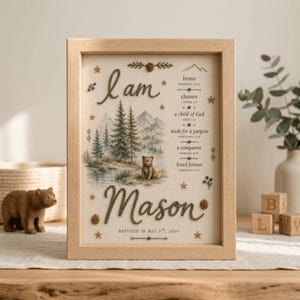 Personalized Hand Embroidered Baptism Frame with Woodland Bear and Scripture, Custom Baby Boy Name, Christening Keepsake
