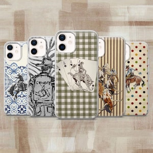 May include: Five smartphone cases featuring western themes. Designs include blue tile patterns, a sketch of a cowboy, playing cards with a bucking horse, longhorn cattle on vertical stripes, and a colourful polka dot pattern with a rider on a horse.