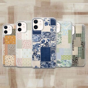 May include: Five smartphone cases arranged in a row, each featuring a distinct patchwork design. The patterns include various floral, gingham, striped, and toile motifs in color palettes of yellow, pink, blue, green, and cream tones.