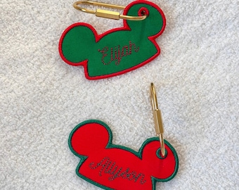 Green Red Custom Embroidered Mouse Ear Hat Bag Tag | Personalized Keychain for Backpack, Luggage | Christmas Holiday Theme Park Accessories