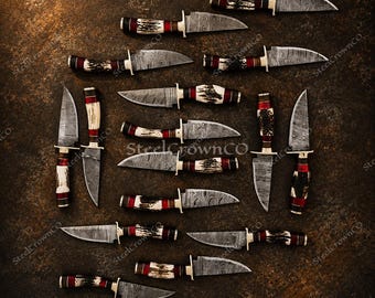 Lot of 20 Handmade Damascus Steel Skinner Knives, Stag Antler Handle Hunting Knives, Hand Forged Collector Set