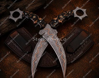 Hand Forged Copper Damascus Steel Dual Karambit Knives Set | Viking Hunting Knives | Collector Gift