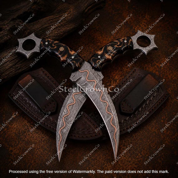 Hand Forged Copper Damascus Steel Dual Karambit Knives Set | Viking Hunting Knives | Collector Gift