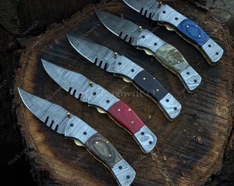 Handmade Damascus Steel Pocket Knife, Rosewood Handle, Custom Engraved Personalized Gift For Him