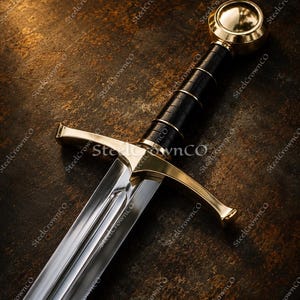 Può includere: Una spada con lama in acciaio lucido dotata di scanalatura centrale, guardia dorata e impugnatura rivestita in pelle nera. Il pomolo è un disco metallico dorato, liscio e arrotondato. Il testo SteelCrownCO è visibile sulla lama.