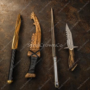 May include: Four distinct knives arranged vertically. The first has a gold spiral blade and black handle. The second features a curved, textured tan handle with black wrapping. The third is a long, slender silver blade. The fourth has a serrated blade with etched text and a brown antler handle.